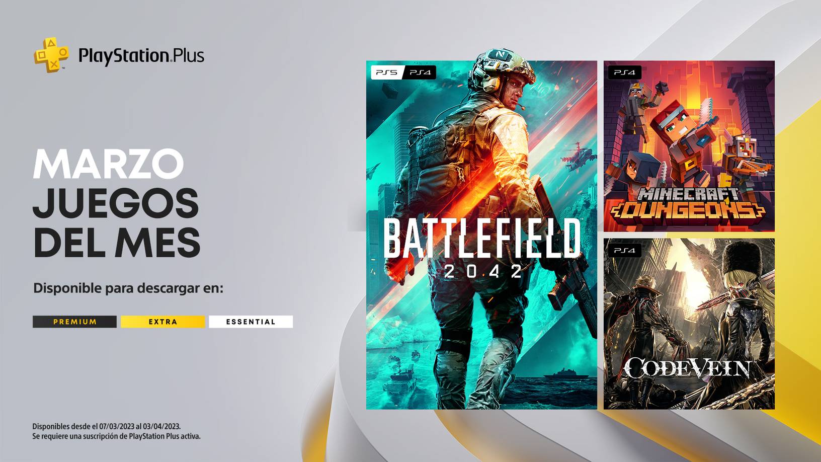 Juegos del mes de marzo en PlayStation Plus: Battlefield 2042, Minecraft Dungeons y Code Vein