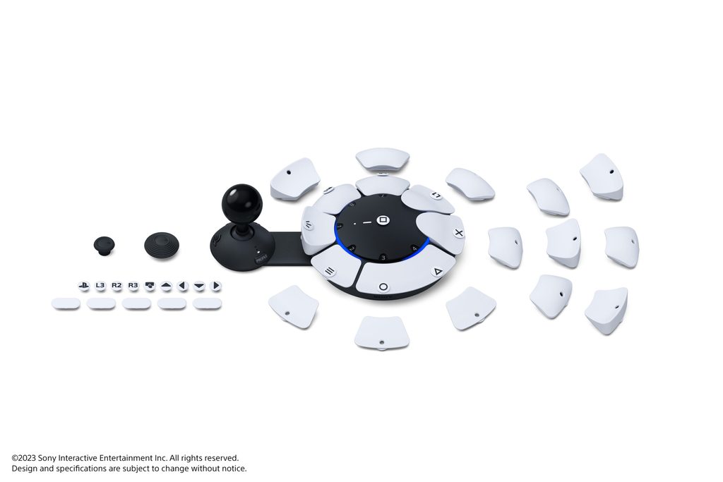 Imagen que muestra el mando Access y sus almohadillas de joystick, almohadillas de botón y etiquetas de almohadilla de botón intercambiables