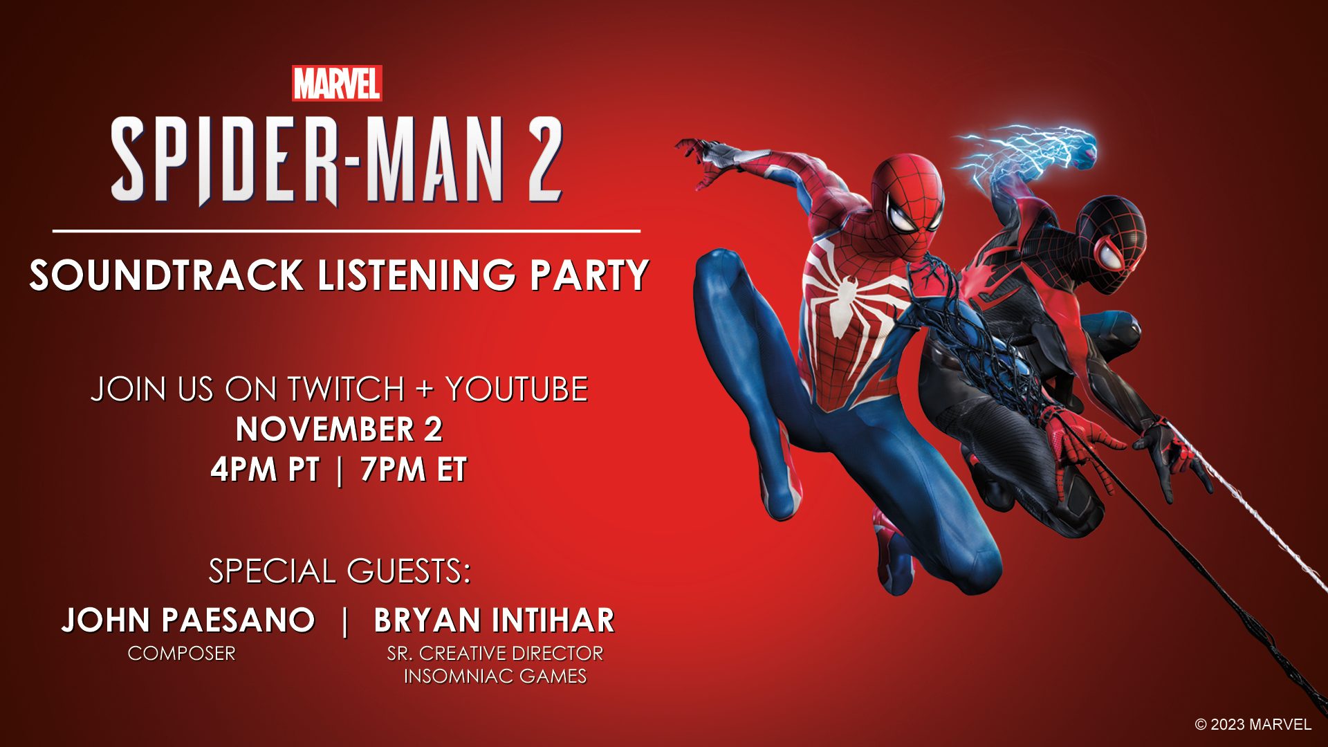 Marvel's Spider-Man 2 Soundtrack Listening Party, una retransmisión en  streaming para escuchar la banda sonora de Marvel's Spider-Man 2 el 2 de  noviembre – PlayStation.Blog en español