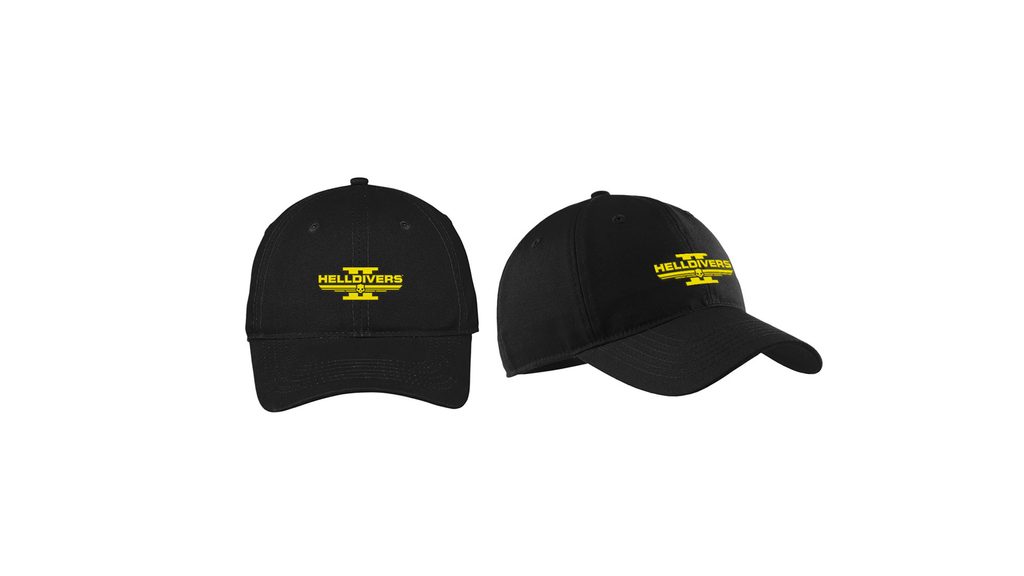 Una gorra con el logo de Helldivers 2 en amarillo estampado en la parte delantera.