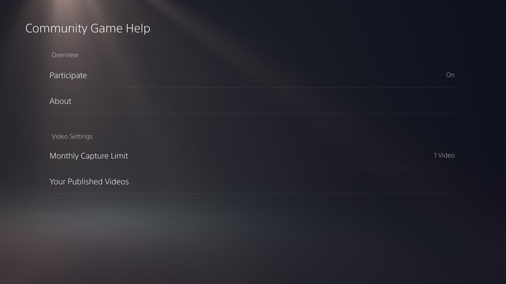 Captura de pantalla de la interfaz de usuario de PS5 que muestra las opciones de configuración de la Ayuda de juego de la comunidad