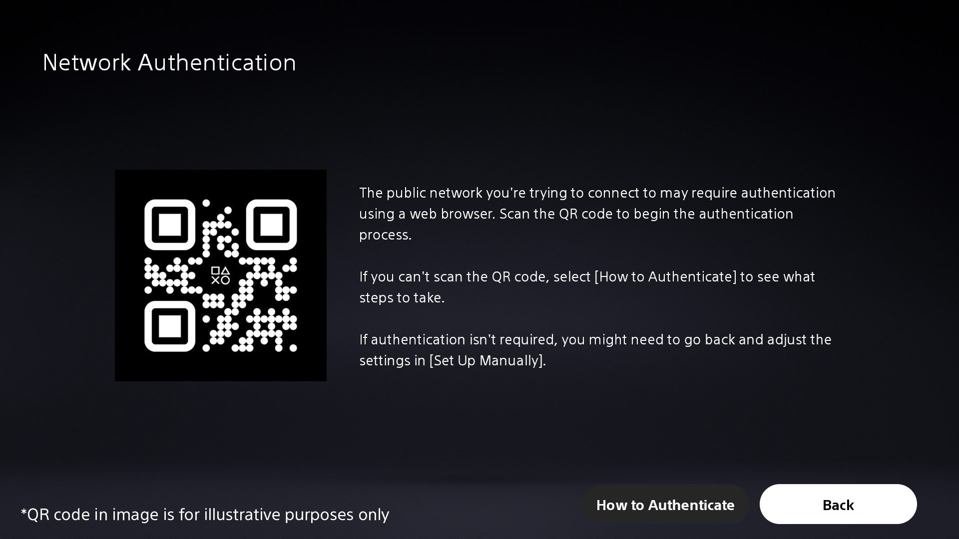 Captura de pantalla de la interfaz de usuario de PS Portal que muestra un código QR de autenticación de red.