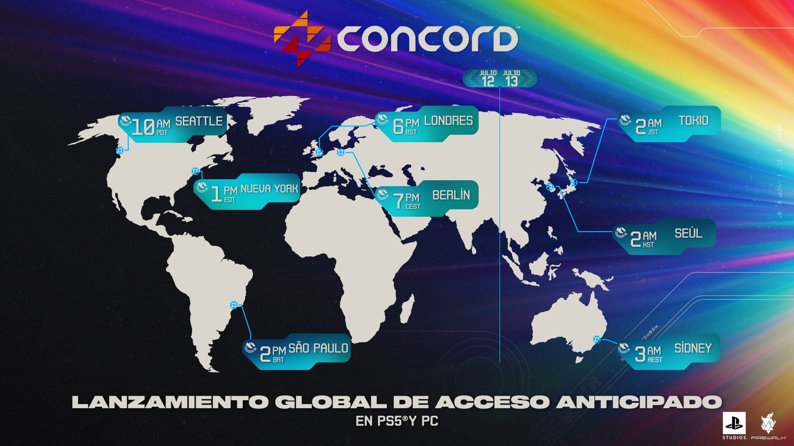 Esta imagen muestra la hora del lanzamiento en los husos horarios internacionales para el acceso anticipado a la beta de Concord para PS5 y PC: el 12 de julio a las 10:00 PDT, 13:00 EDT, 14:00 BRT, 18:00 BST y 19:00 CEST, y el 13 de julio a las 02:00 JST, 02:00 KST y 03:00 AEST.