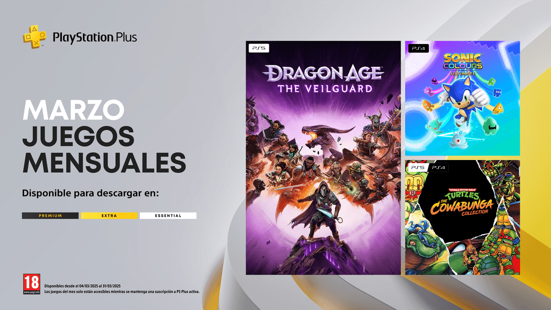 Juegos mensuales de PlayStation Plus de febrero: Dragon Age: The Veilguard, Sonic Colors: Ultimate, Teenage Mutant Ninja Turtles: The Cowabunga Collection