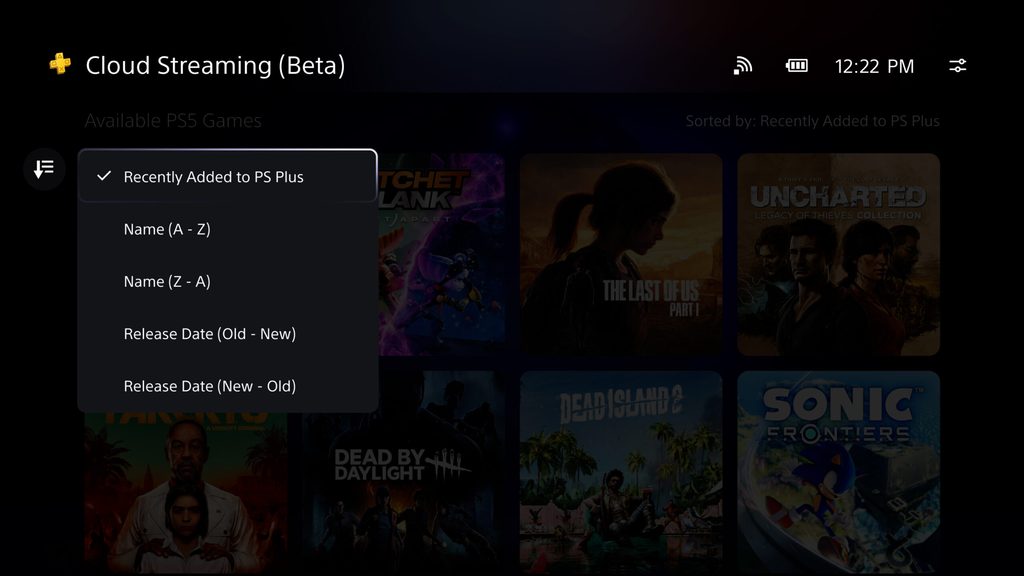 Interfaz de usuario del dispositivo para Uso a distancia PlayStation Portal que muestra el catálogo de Transmisión en streaming en la nube (Beta).