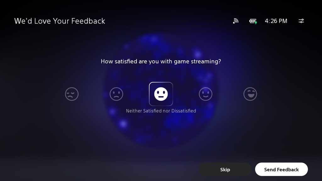 Interfaz de usuario del dispositivo para Uso a distancia PlayStation Portal que muestra la pantalla de comentarios de usuario.