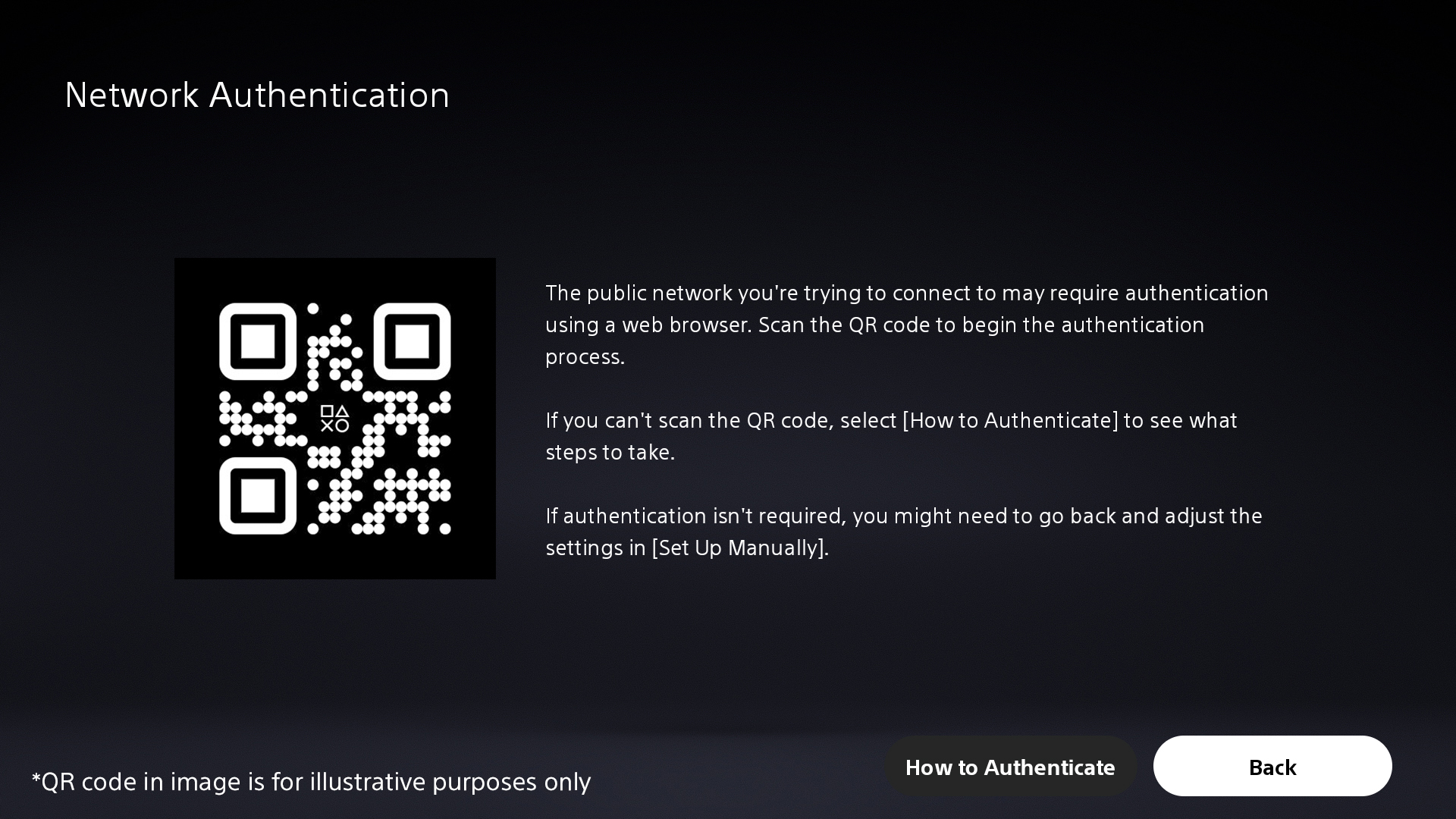  "Captura de pantalla de la interfaz de usuario de PS Portal que muestra un código QR de autenticación de red."